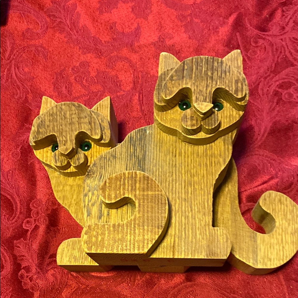 Vintage Rare Bottega Michelangeli Wooden Double Cat Sculpture Circa 1970s/80s